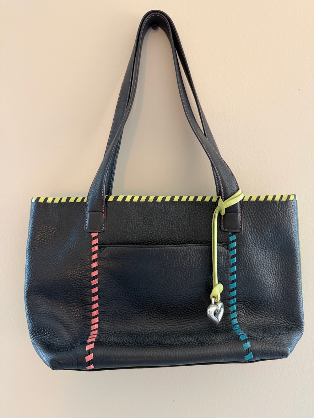 Brighton Black Leather Shoulder Bag with Neon Trim and Heart Charm Accent